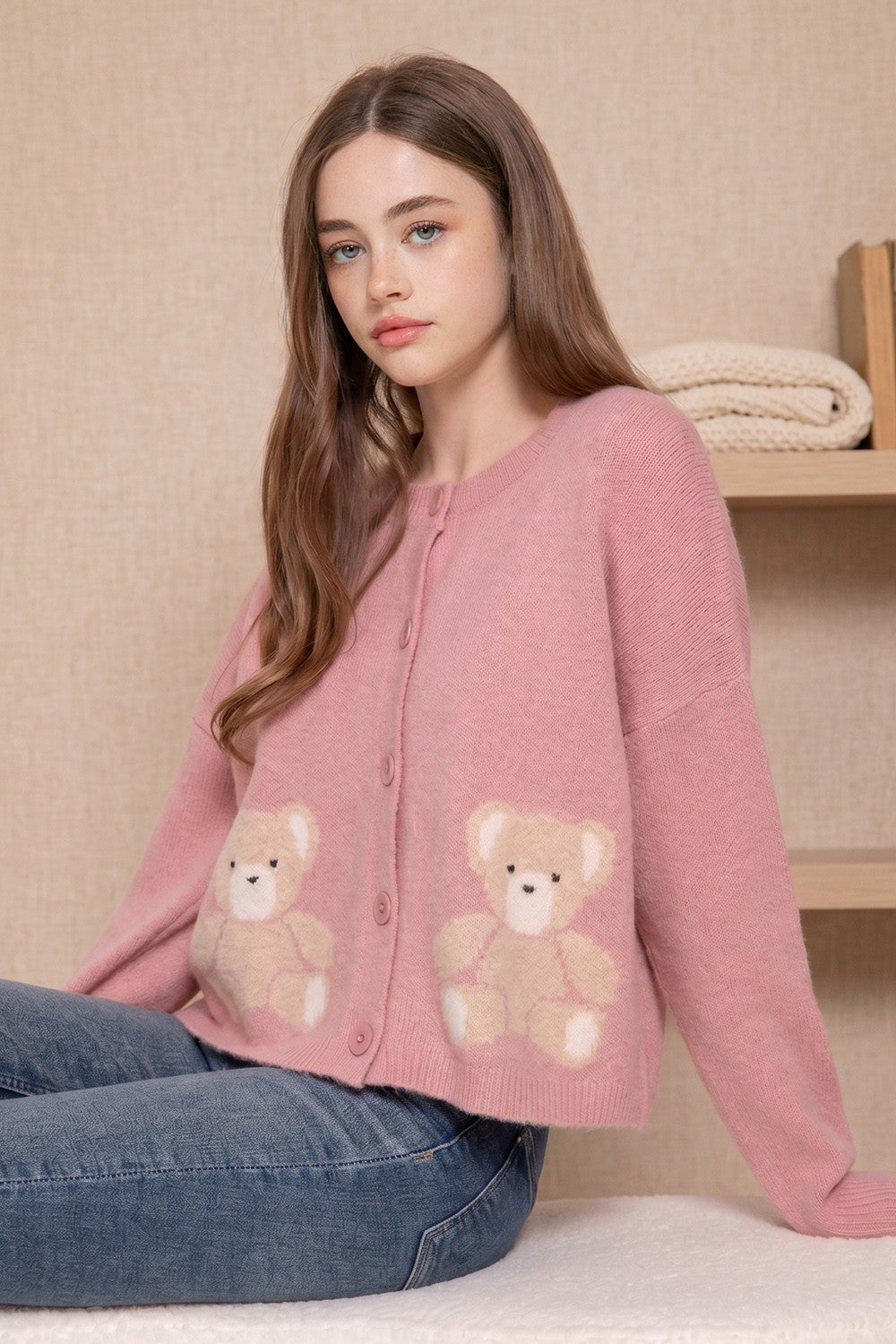 Long Slv Jacquard Bear Sweater Cardigan