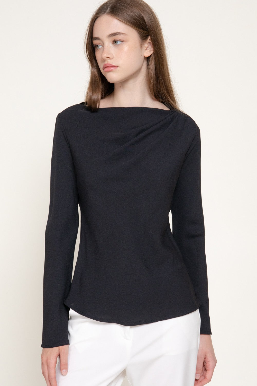 Long Sleeve Draped Boat Neck Blouse