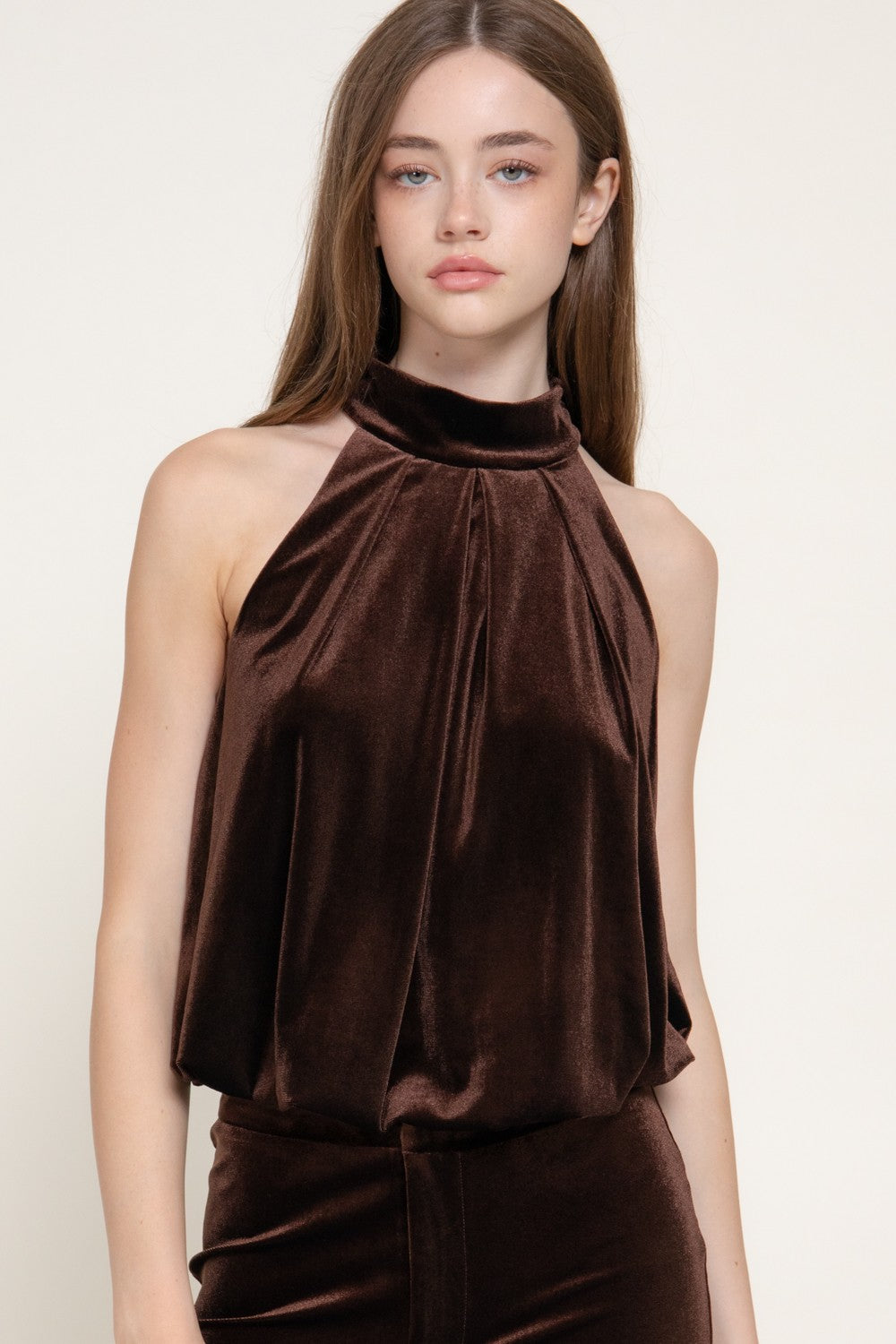 Halter Neck Shirred Inner Elastic Velvet Top