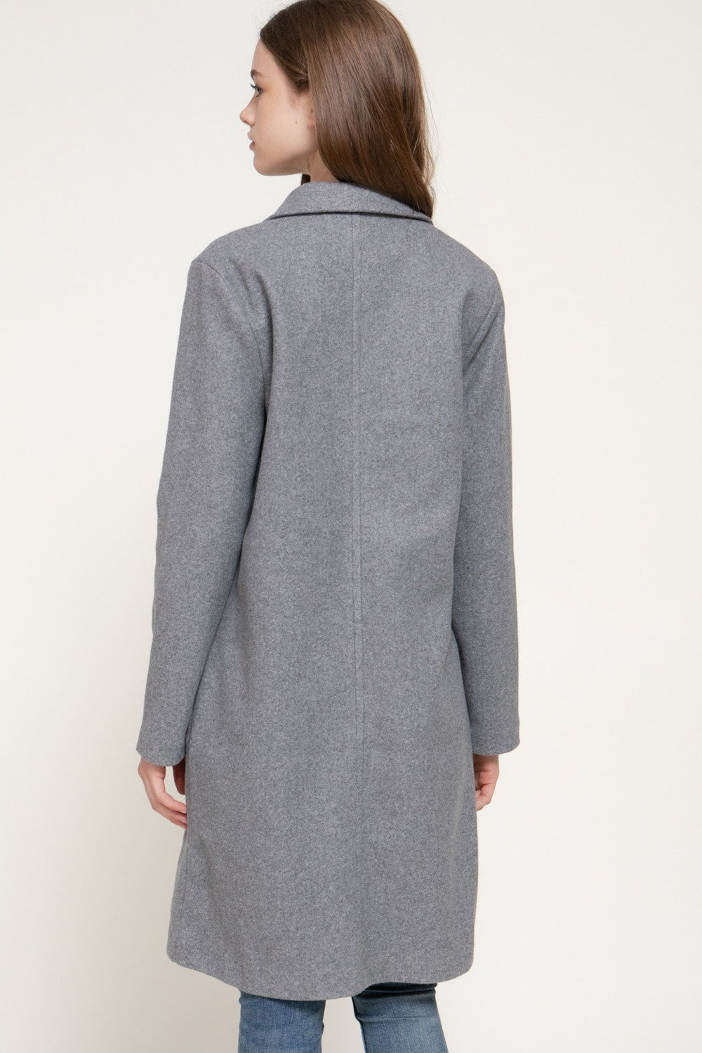 Long Slv Notched Collar Open Front Long Coat