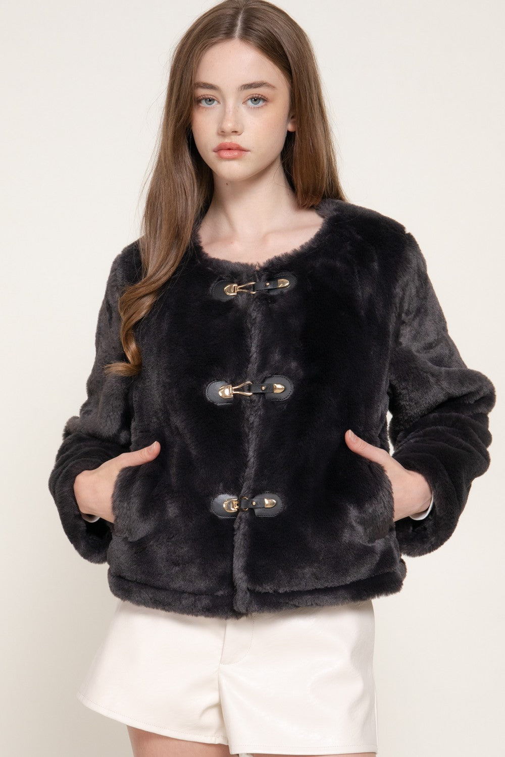 Long Slv Round Neck Toggle Faux Fur Jacket