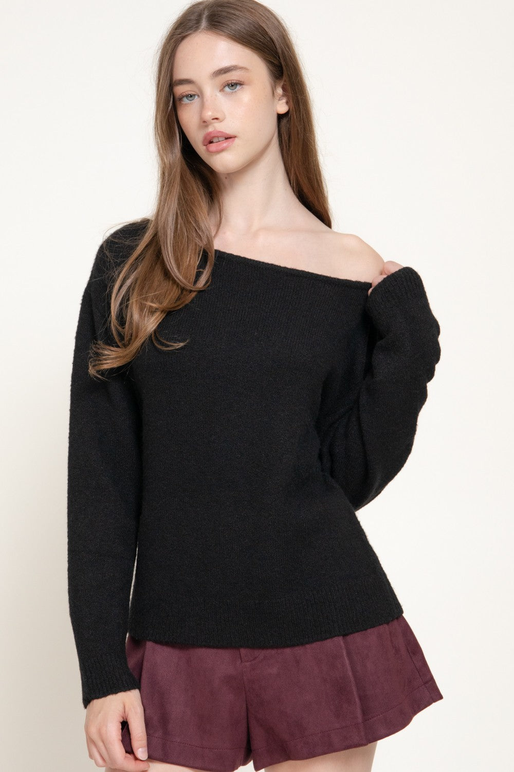 Long Slv Asymmetrical Neckline Sweater
