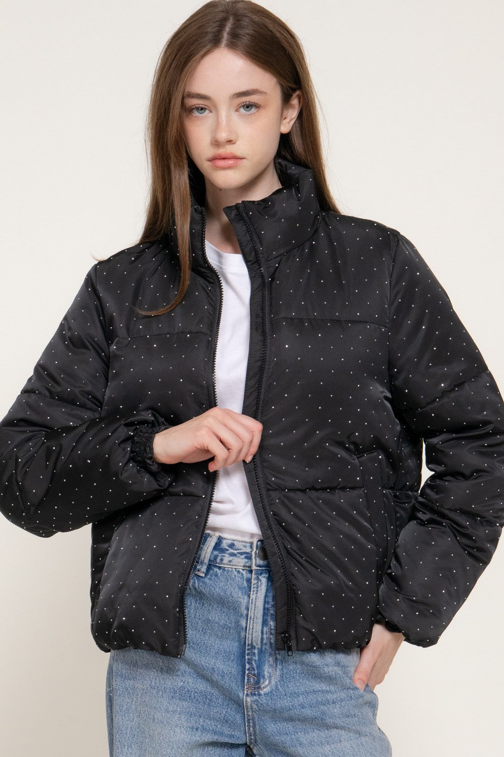 High Neck Rhinestone Detail Puffer Jacket
