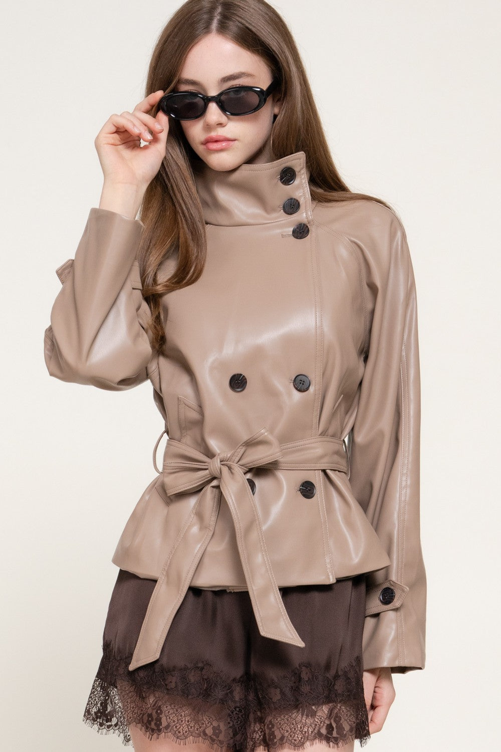 Long Sleeve High Neck Belted Aux Leather Jacket