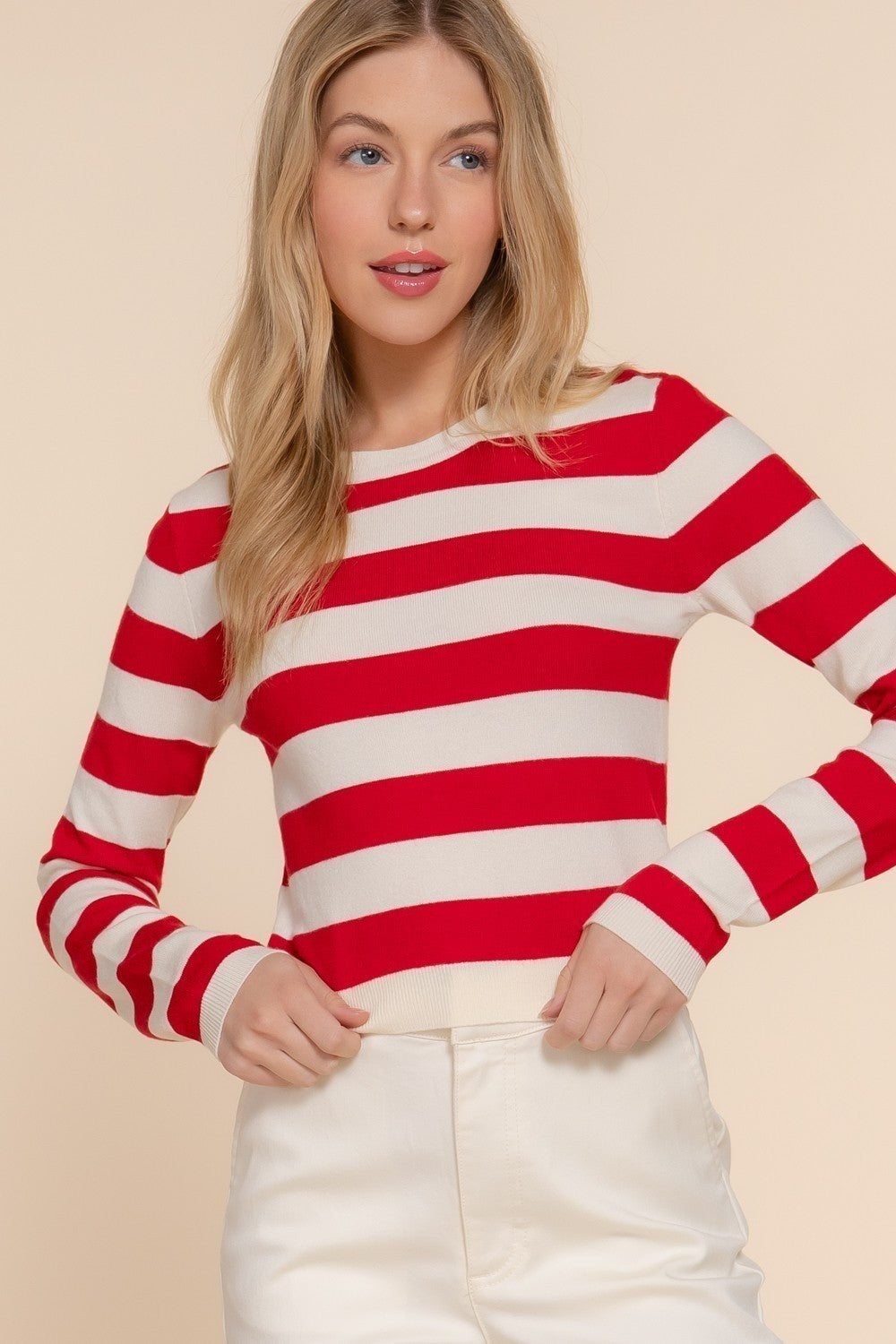 Long Slv Crew Neck Stripe Fitted Sweater