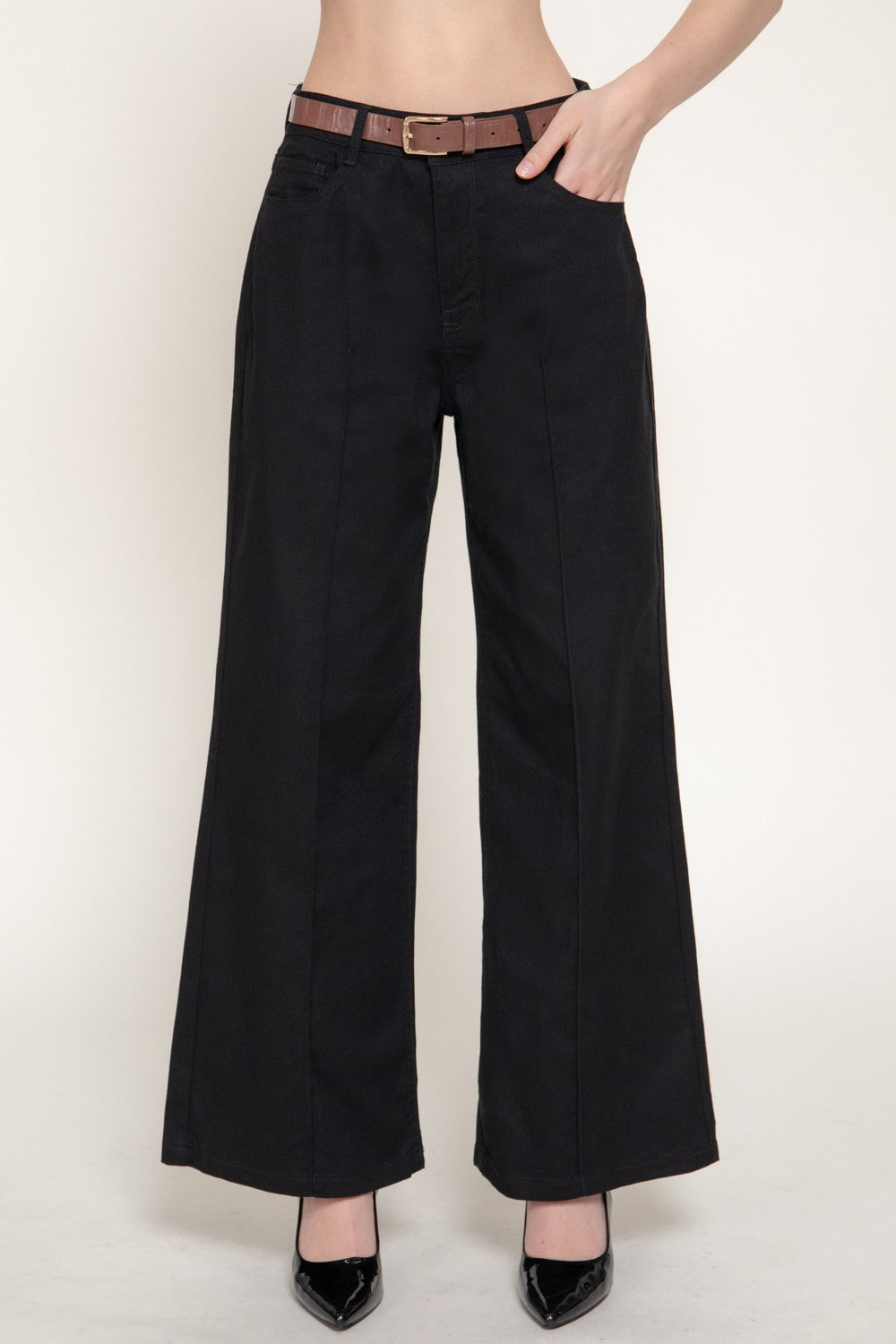 Mid Rise Belted Cotton Twill Long Pants