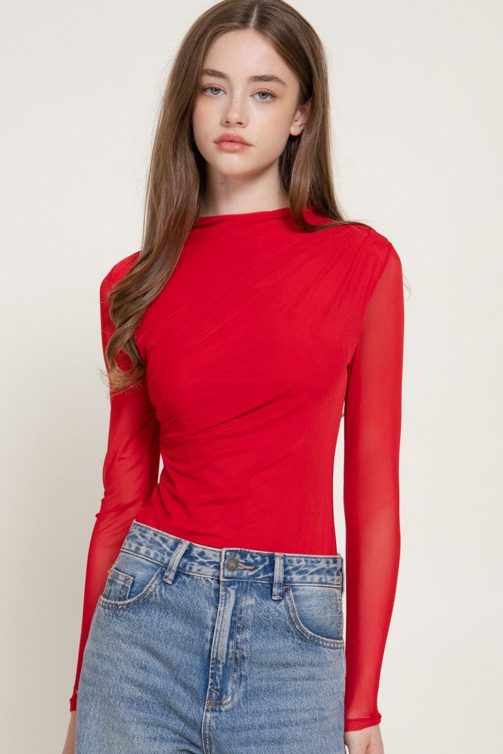 Long Slv Mock Neck Shirring Mesh Bodysuit