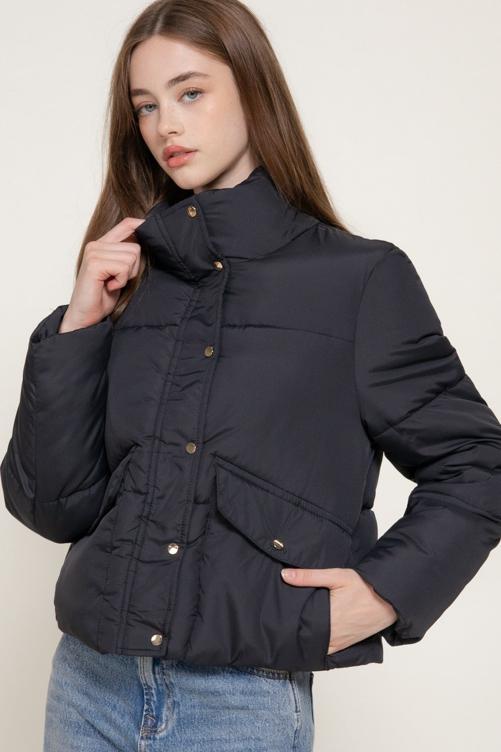 High Collar Snap Button Closure Puffer Jacket