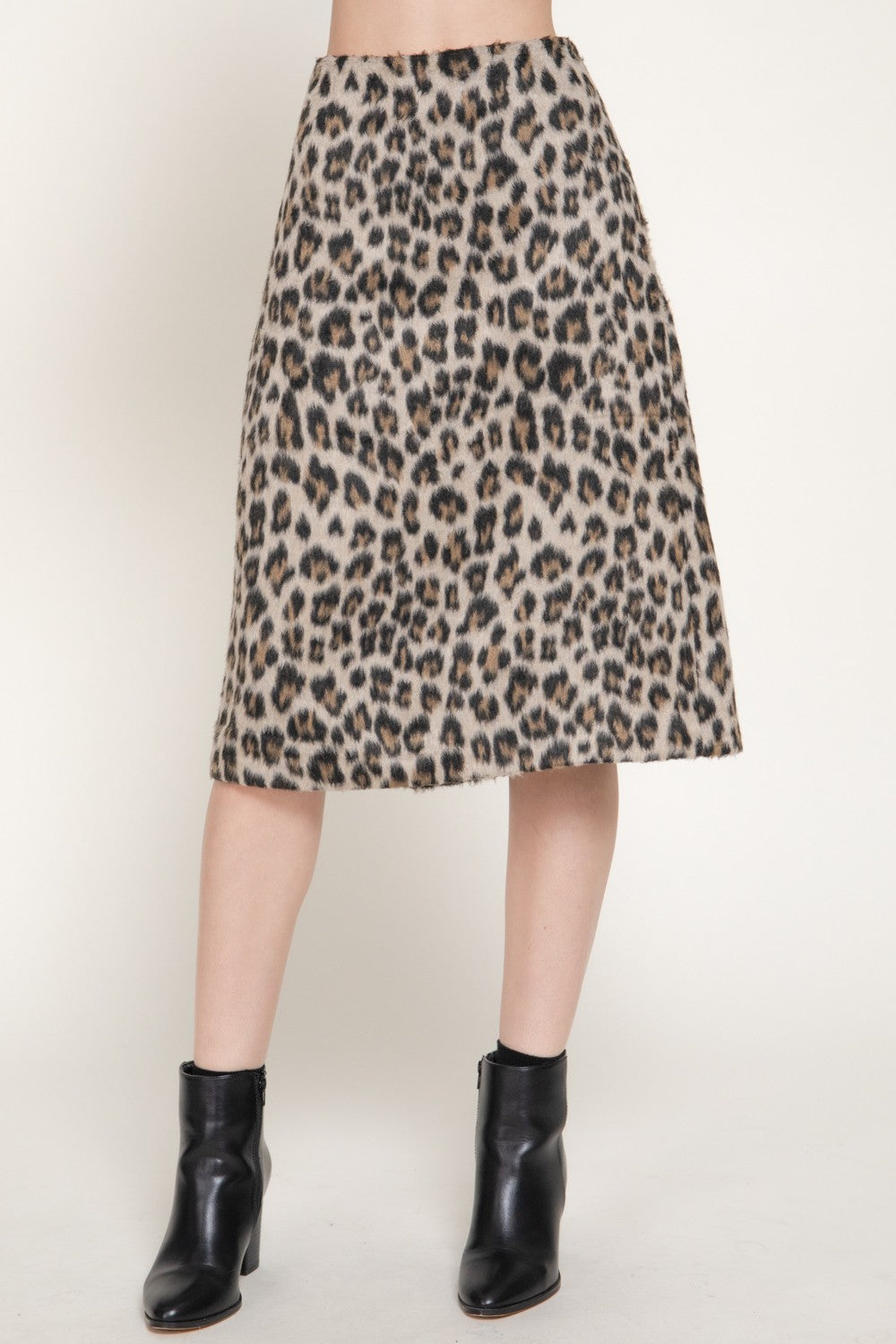 Leopard Print Hairy Wool-like Midi Skirt