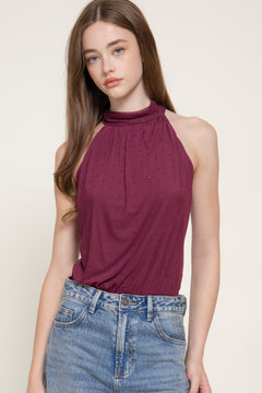 Halter Neck Rhinestones Draped Bodysuit