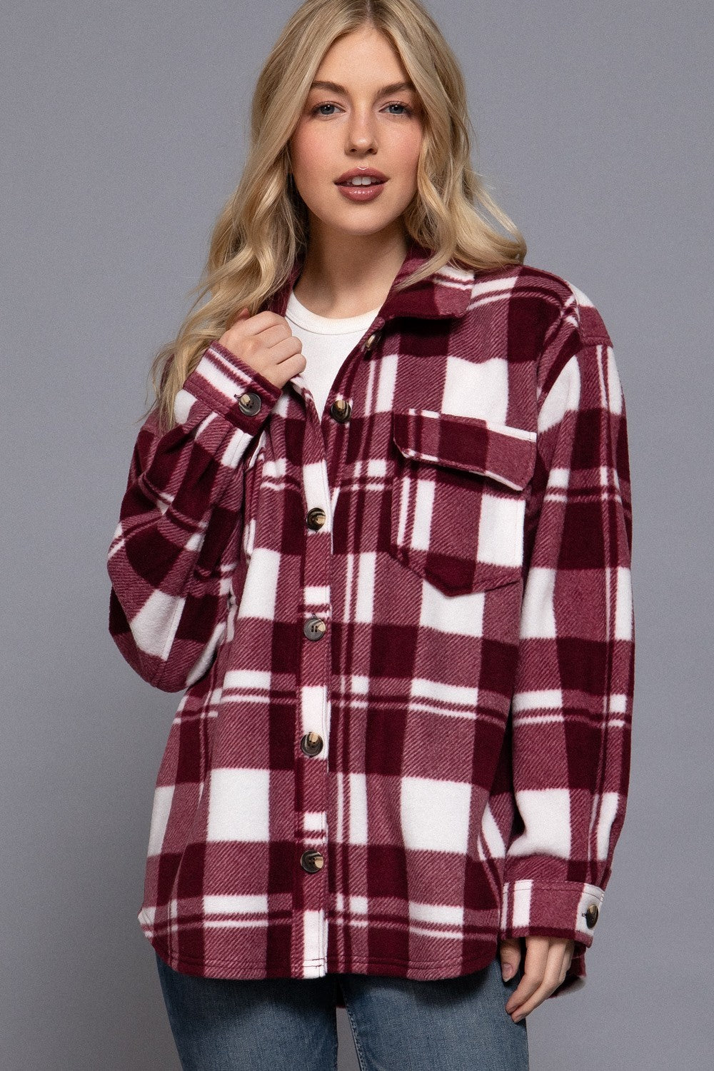 Long Slv Check Printed Fleece Shacket