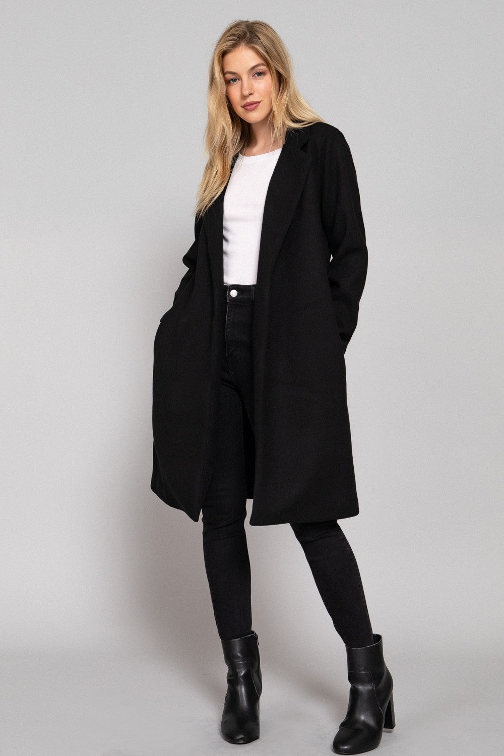Long Slv Notched Collar Open Front Long Coat