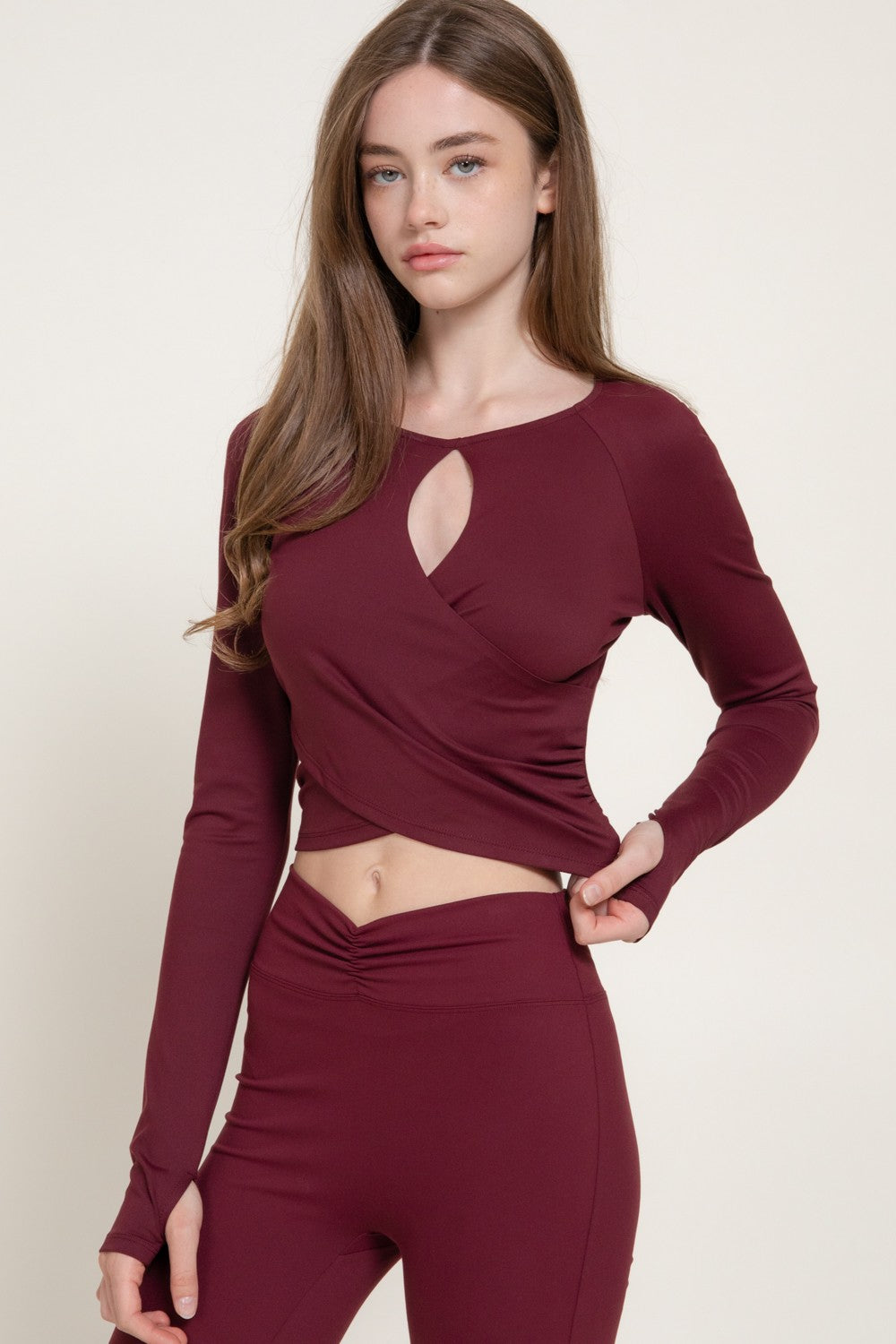 Long Sleeve Keyhole Shirring Workout Top