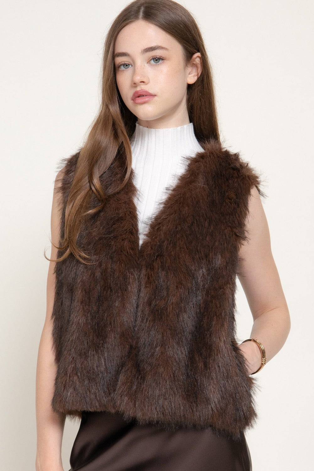 V-neck Two Tone Faux Fur Vest