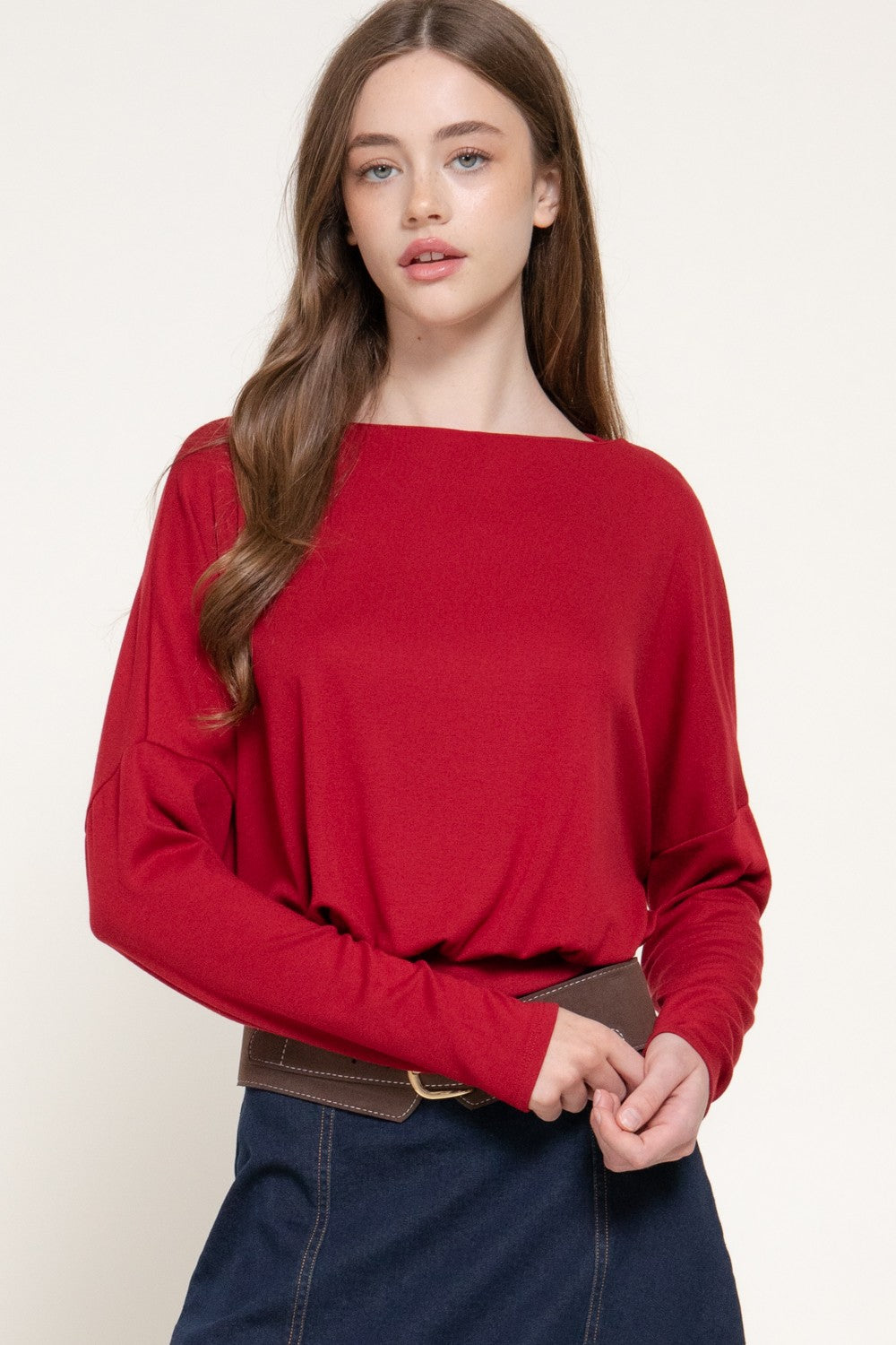 Long Slv Boat Neck Brushed Knit Top
