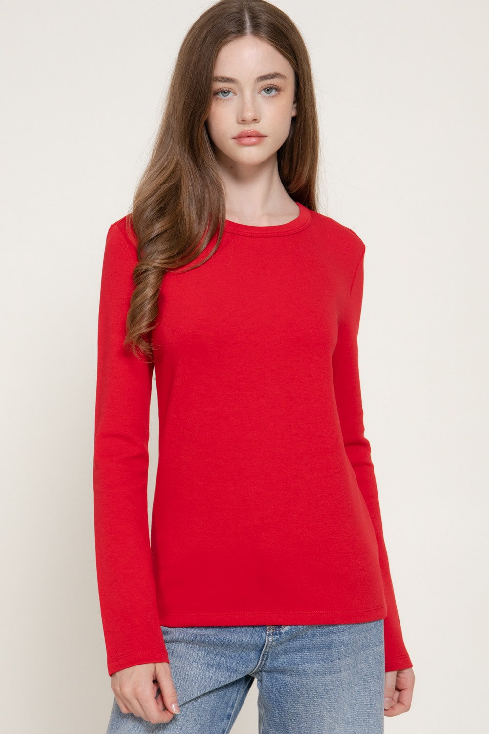 Long Slv Crew Neck Cotton Scuba Knit Top