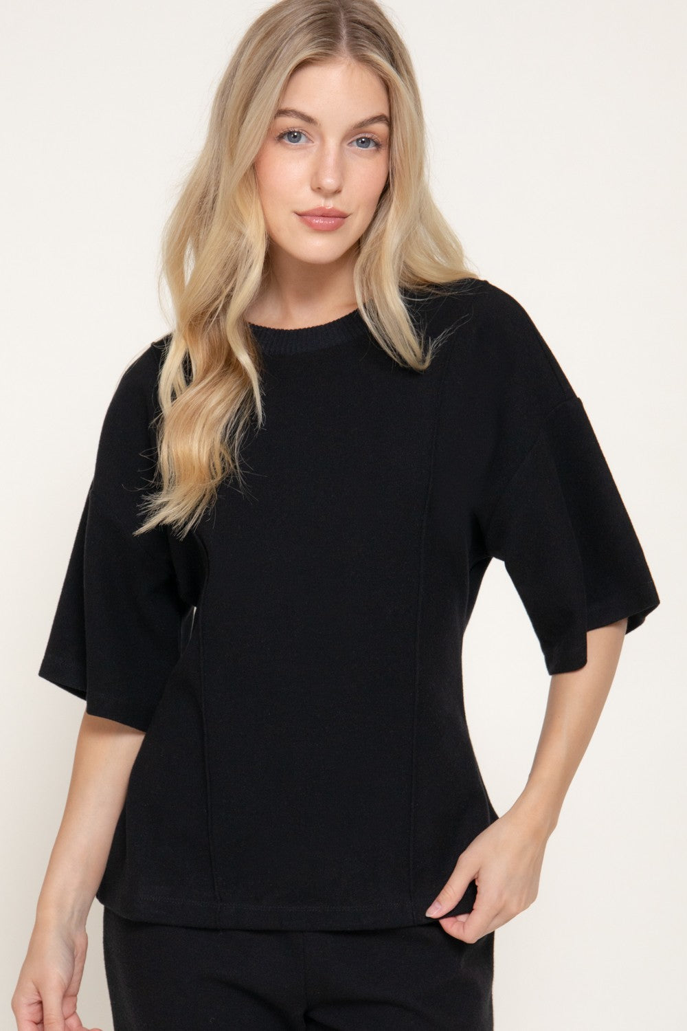 Elbow Slv Round Neck Brushed Knit Top