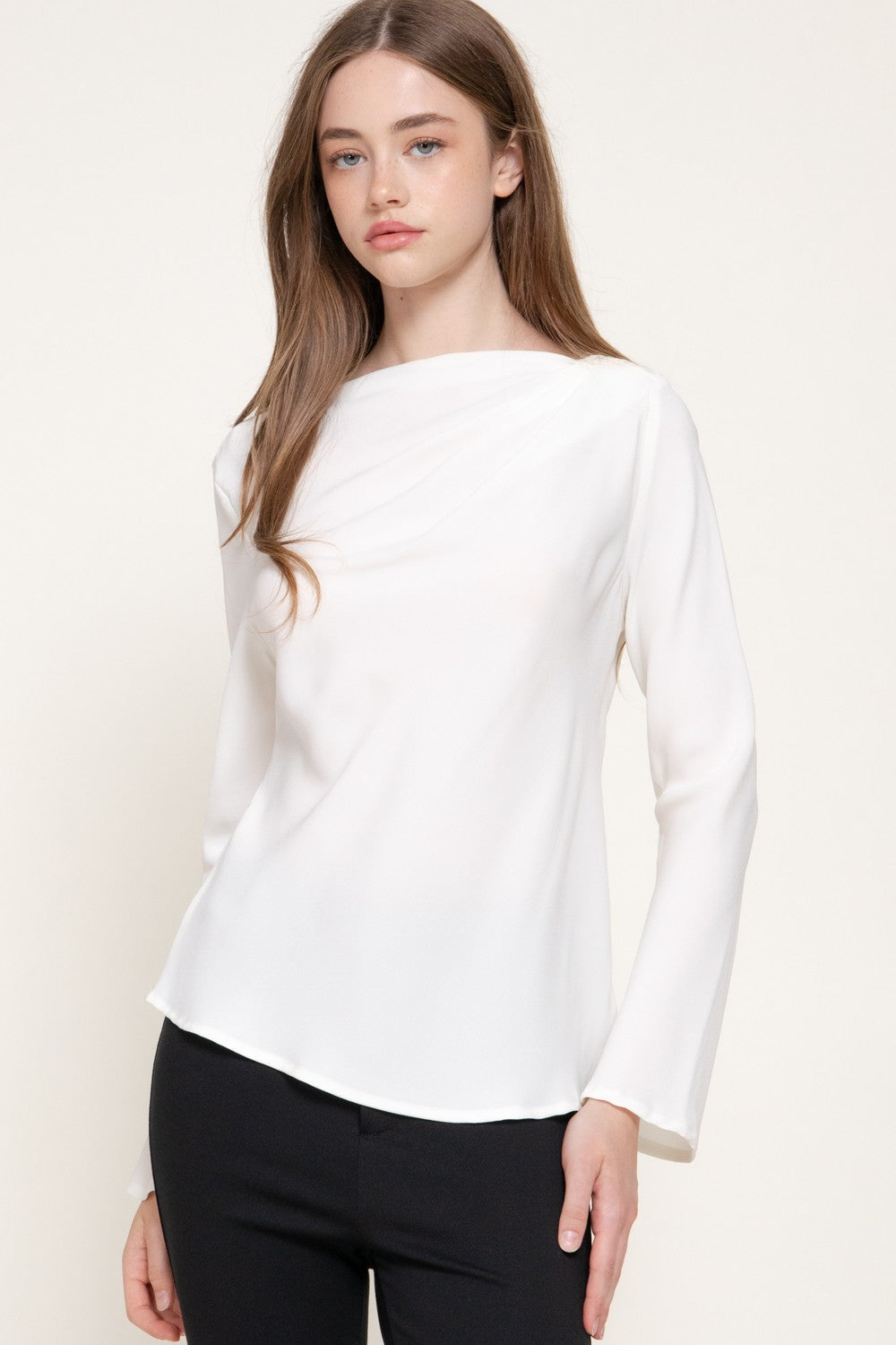 Long Sleeve Draped Boat Neck Blouse
