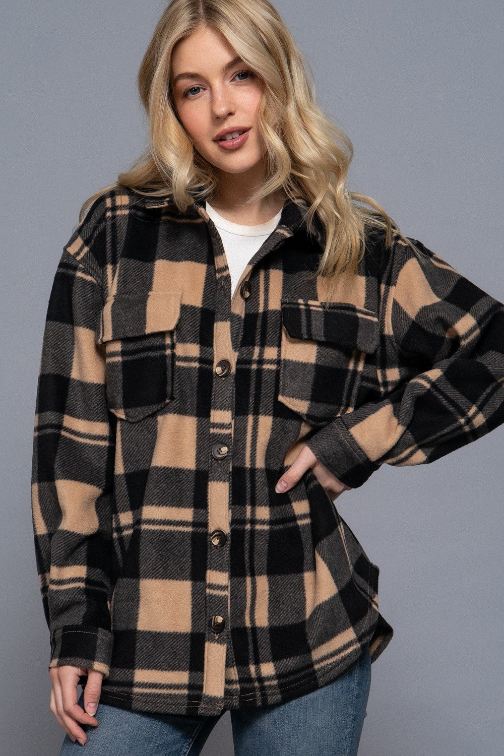 Long Slv Check Printed Fleece Shacket