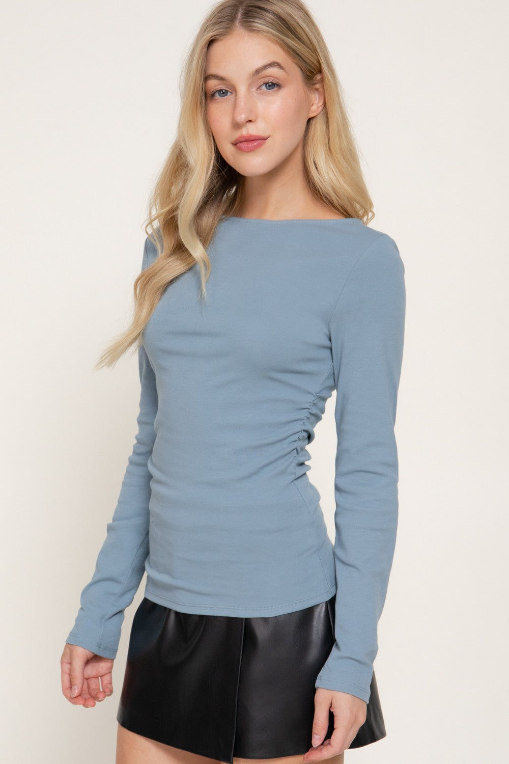 Long Sleeve Boat Neck Shirring Ribbed Knit Top
