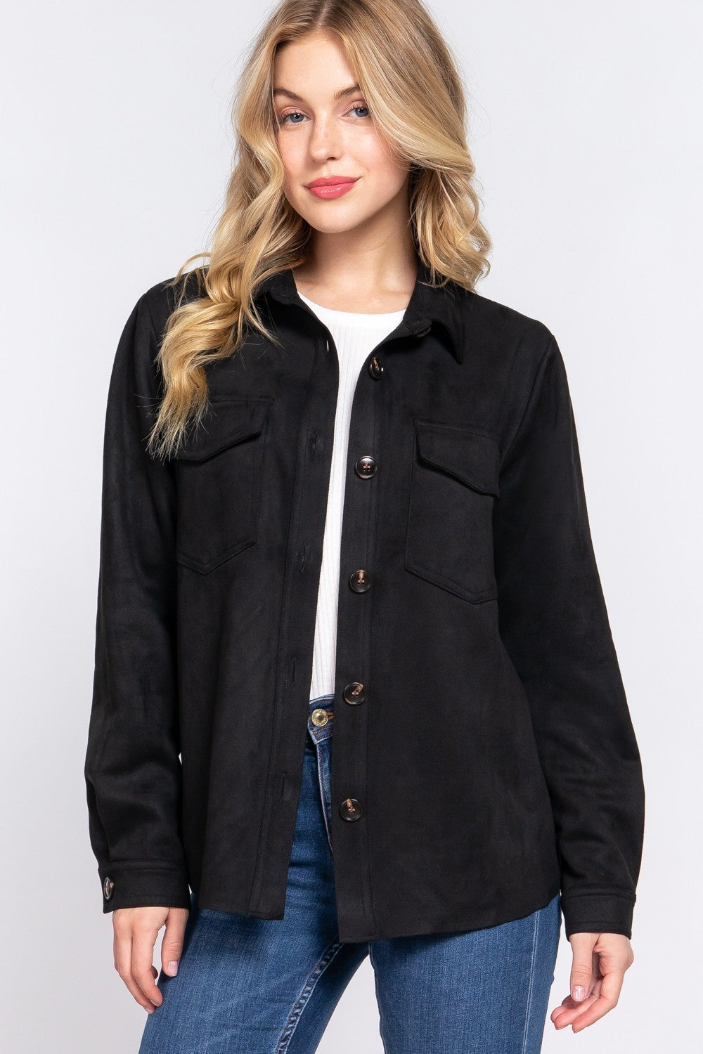 Long Sleeve Loose Fit Faux Suede Shacket