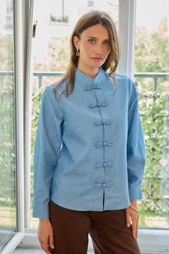 Mandarin-Collar Denim Shirt