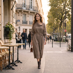 French-Style Belted Long Knit Sweater Dress
