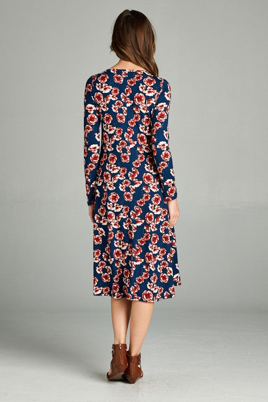 Fit Flare Floral Crisscross Neck Midi Dress