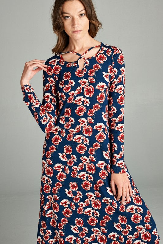 Fit Flare Floral Crisscross Neck Midi Dress