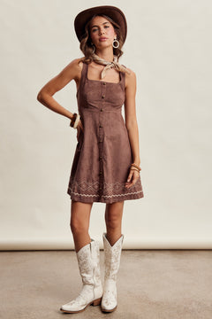 Embroidered Faux Suede Western Dress