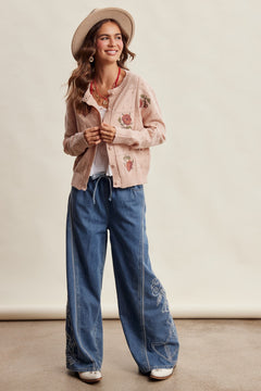 Embroidered Wide Leg Denim Pants