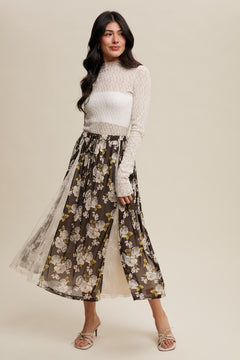 Floral Mesh and Lace Midi Skirt