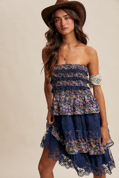 Smocked Lace Tiered Midi Skirt