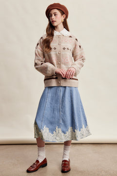 Lace Trim A-Line Denim Midi Skirt