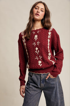 Floral Embroidered Cable Knit Sweater