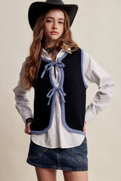 Two-tone Tie Front Knit Vest