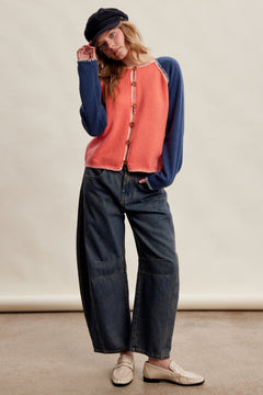 Contrast Stitch Raglan Knit Cardigan