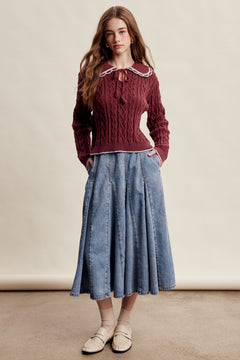 Scalloped Collar Cable Knit Sweater