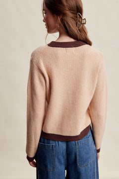 Floral Embroidered Contrast-Trim Knit Sweater
