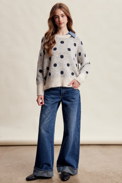 Denim Collar Polka Dot Knit Sweater