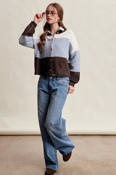 Striped Color Block Button Front Cardigan