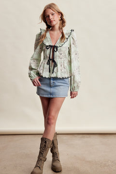 Scalloped Tie-Front Ruffle Blouse