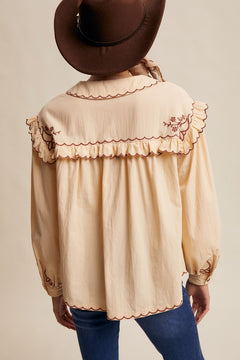 Embroidered Ruffle Collar Cotton Blouse