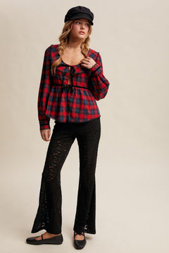 Plaid Velvet Trim Holiday Blouse