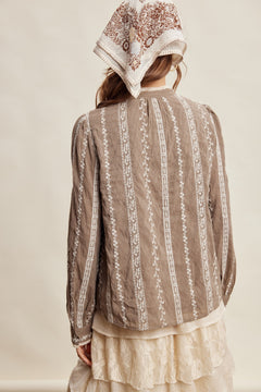 Embroidered Lace Trim Button Blouse