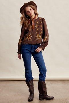 Embroidered Scallop Hem Cotton Blouse