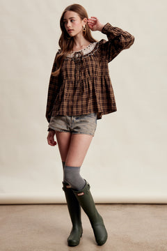 Lace Collar Plaid Peplum Blouse