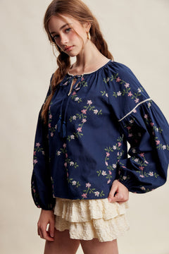 Floral Embroidered Balloon Sleeve Blouse