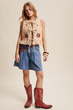 Embroidered Tie-Front Quilted Vest