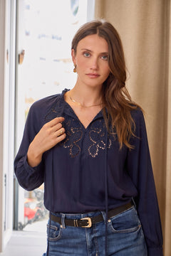 Openwork Tie-Neck Cotton Blouse